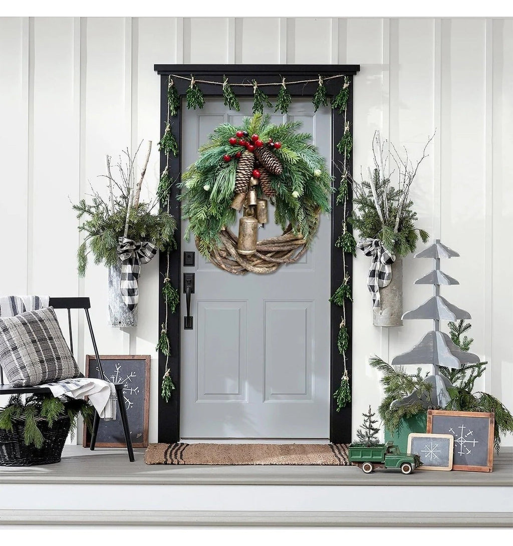 Christmas Wreath: Pinecones, Berries, Hanging Bells